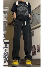 得物品质可二开宽松直筒松紧腰牛仔裤A439特P40，男装牛仔裤，电商A309