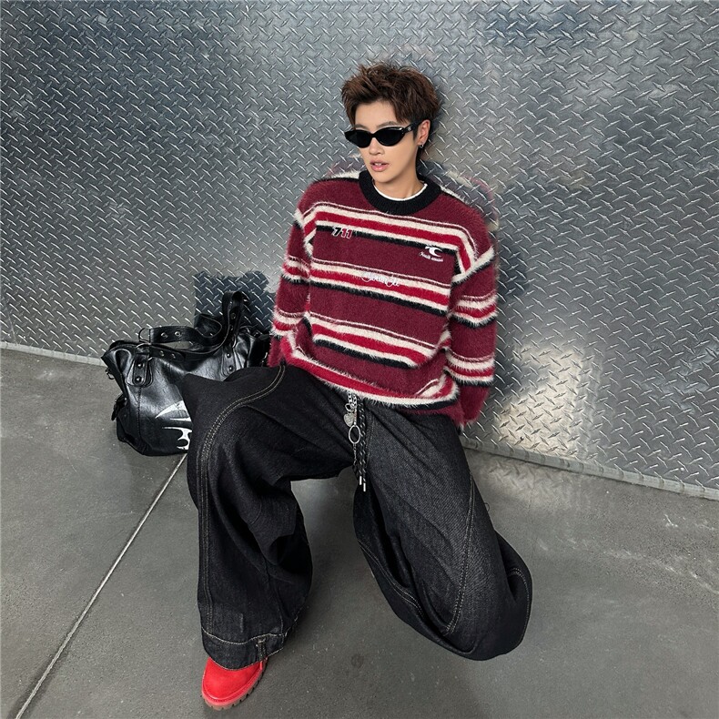 秋冬新款刺绣条纹水貂毛圆领毛衣男女松弛感MY9565-P55,男装针织衫/毛衣,星座1109-4