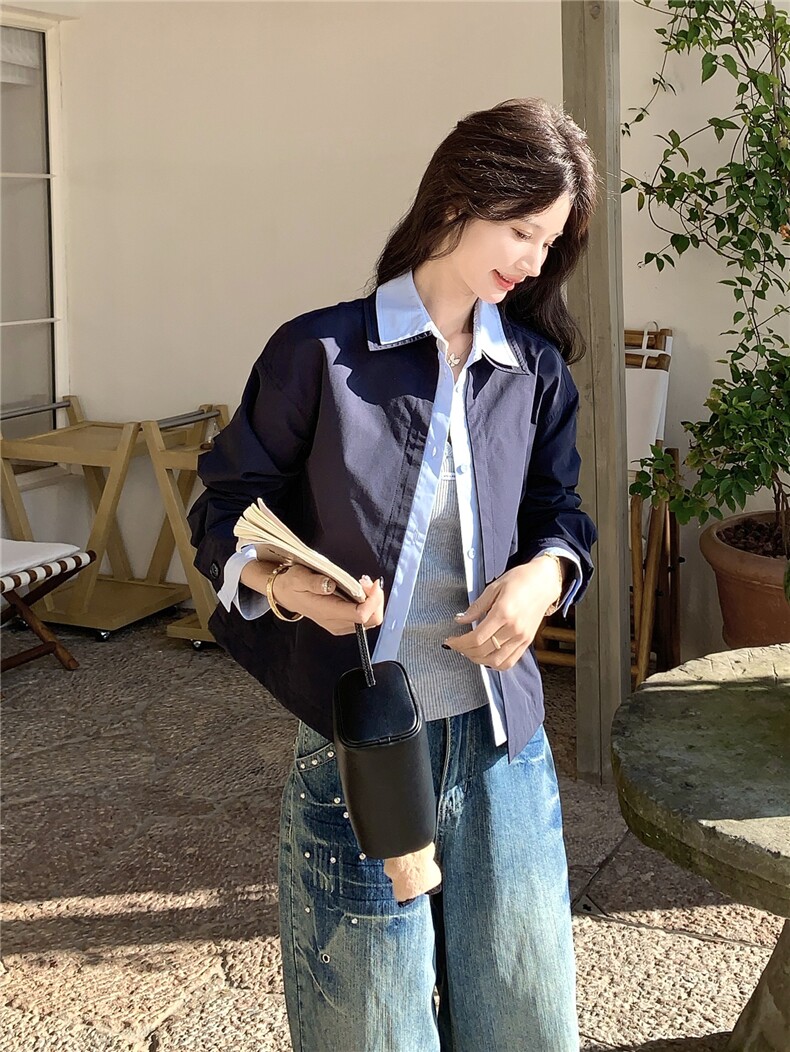 蓝色撞色衬衫领短款夹克外套女2026春秋新款韩系时髦减龄夹克显白,女装短外套,艾米莉亚