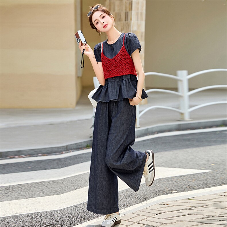 2025夏季水洗牛仔色休闲潮三件套裙减龄今年流行的女装套装,女装套装/套裙,众宇琦