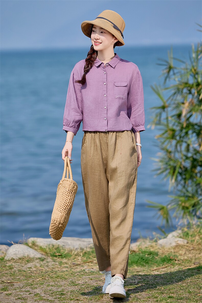 棉麻套装女2025年夏季新款妈妈洋气苎麻薄款衬衫休闲裤气质两件套,女装套装/套裙,涵誉