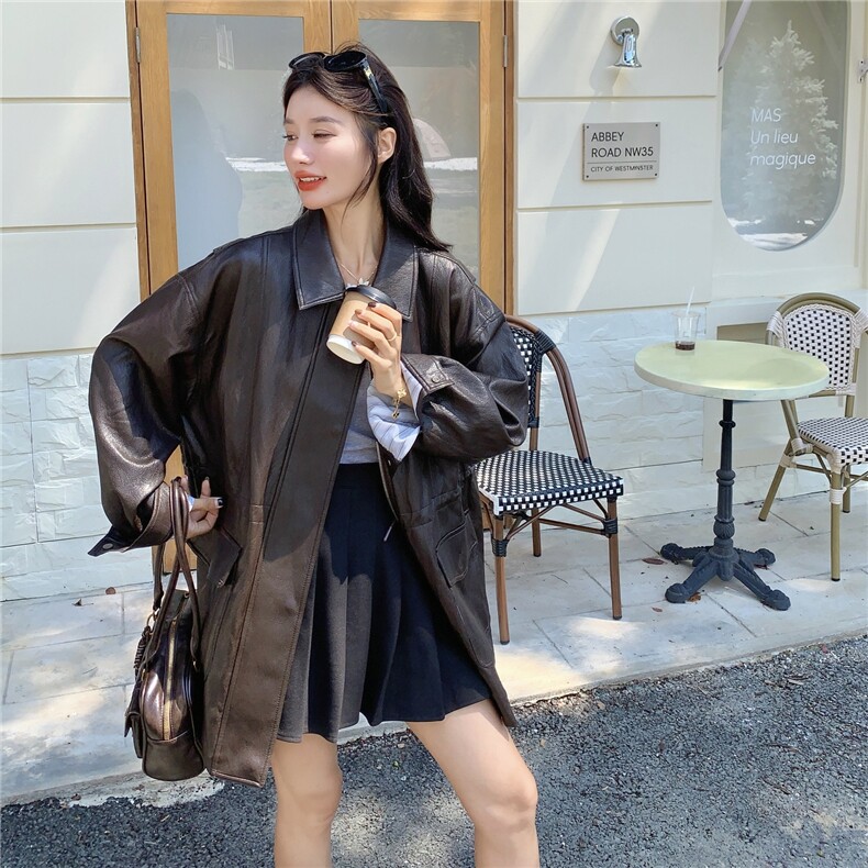 美式复古咖色翻领皮衣外套女春秋2025新款又酷又飒PU夹克流行爆款,女装皮衣,2C299