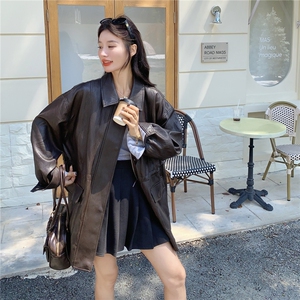 美式复古咖色翻领皮衣外套女春秋2025新款又酷又飒PU夹克流行爆款图片