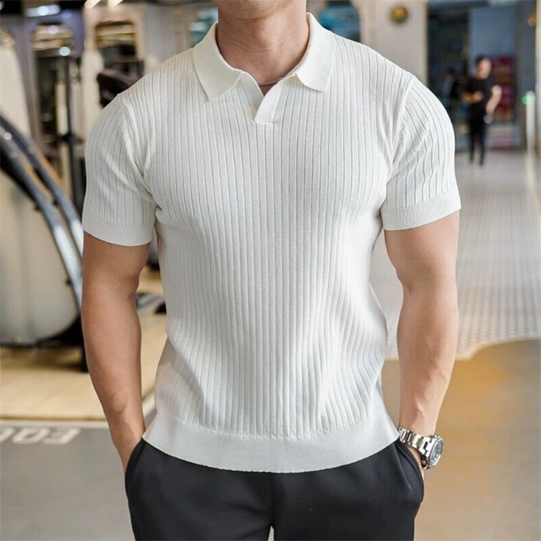 老钱风纯色条纹V领针织男短袖翻领上午冰丝Polo衫75010/P48，男装Polo衫，电商A243