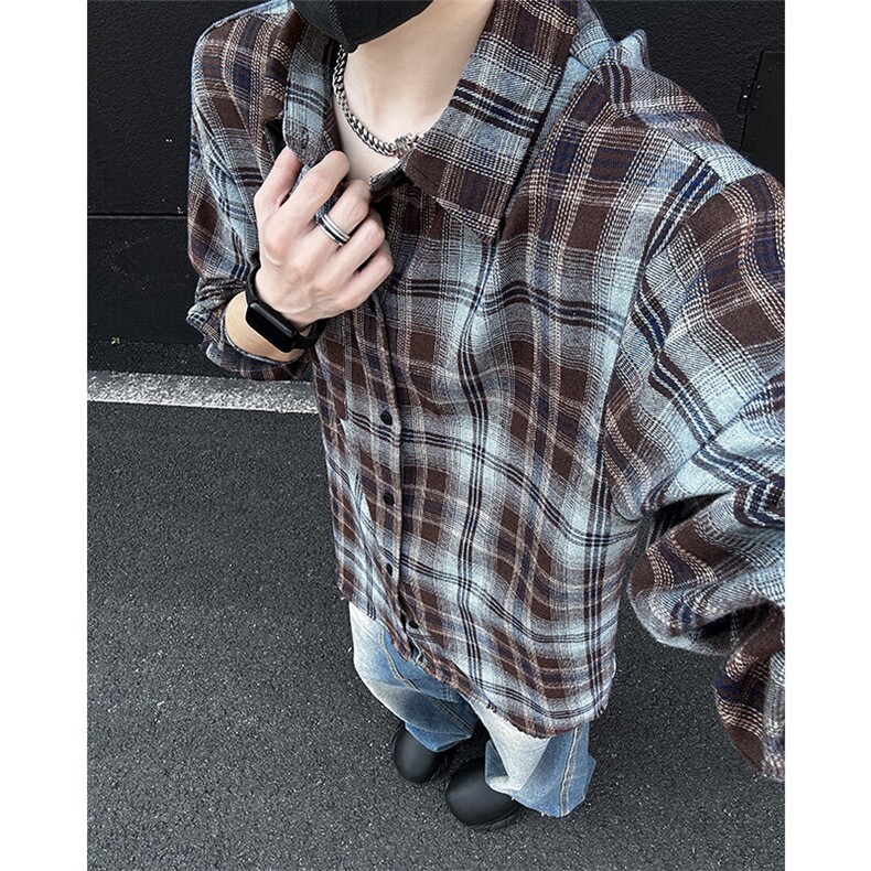 美式高街潮流格子衬衫潮牌宽松休闲上衣A086-CS2208-P35,男装衬衫,电商基地A086