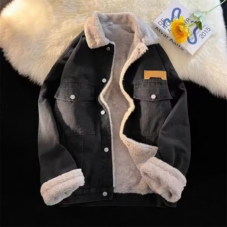 羊羔毛牛仔外套男冬季宽松加绒加厚棉服潮牌ins情侣款L88099-P64,男装工装外套,星座1008