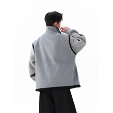 高级感灰色拼接毛呢外套男宽松休闲日常上衣潮XZ201-2A769P148，女装短外套，星座201-2