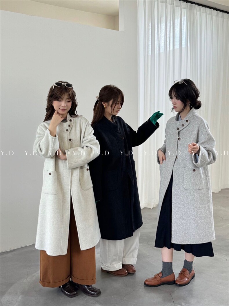 冬上新！韩版宽松显瘦百搭立领设计款2025冬新款羊毛，女装双面呢大衣，依嘟服饰