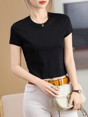 2025年夏季丝光棉短袖t恤女士修身显瘦短款露脐纯棉背心上衣半袖，女装T恤，元素羊绒