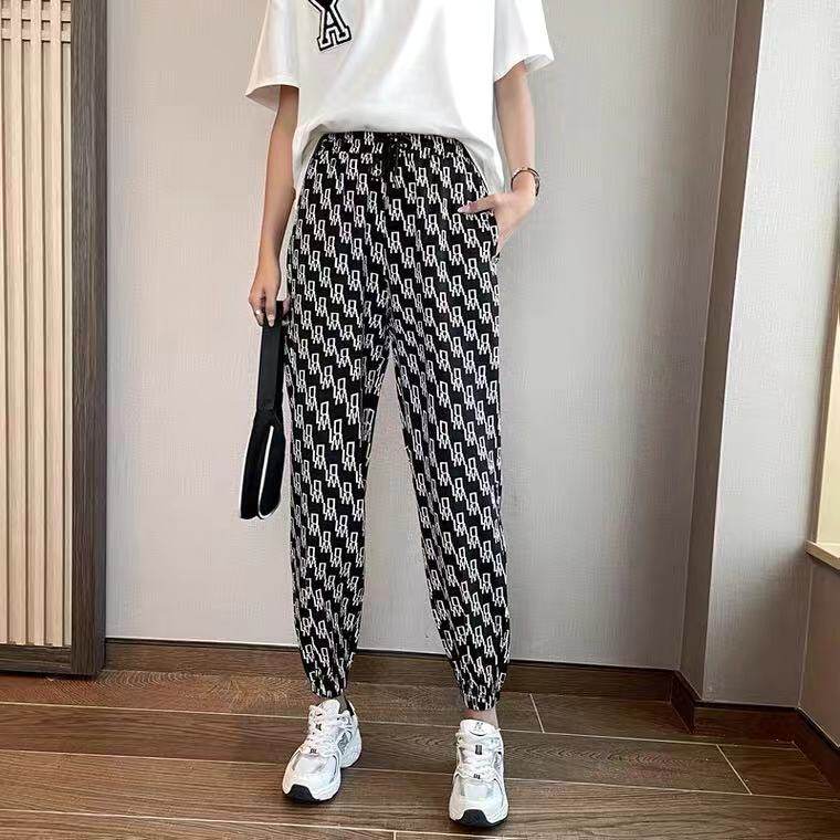 2021春季新款羊毛针织裤子女束脚哈伦裤秋满身字母宽松直筒九分裤图片