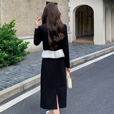 2025秋季新款时尚修身钉珠拼接黑色长袖连衣裙，女装连衣裙，超帛