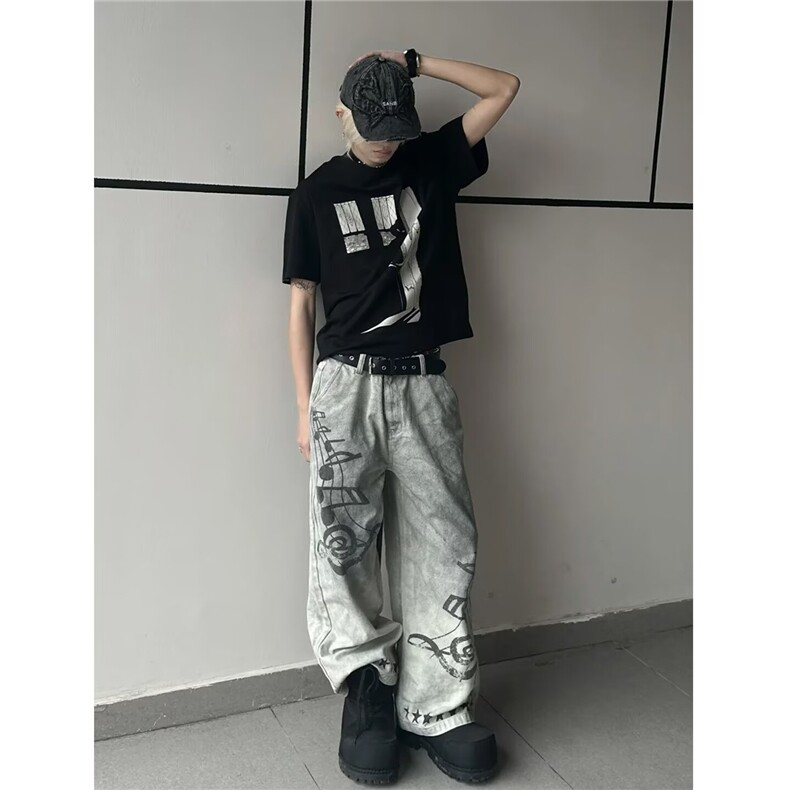 美式高街痞帅vibe风涂鸦做旧牛仔裤男潮流复古宽松直筒百搭阔腿裤,男装牛仔裤,星座506A