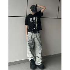 美式高街痞帅vibe风涂鸦做旧牛仔裤男潮流复古宽松直筒百搭阔腿裤，男装牛仔裤，星座506A