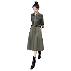 格子衬衫连衣裙女2025春装新款时尚高级感气质女神范假两件套裙子，女装套装/套裙，关键词