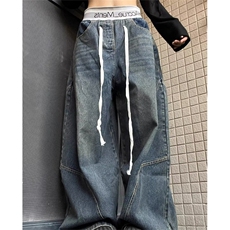 春秋款高腰阔腿拖地长裤女显瘦百搭松紧腰抽绳牛仔裤NZ7025，男装牛仔裤，星座1116A（原606A-3）