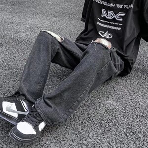 夏季潮流ins潮牌牛仔裤嘻哈街头磨破宽松破洞阔腿长裤男N0729-P40图片