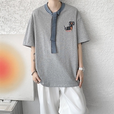 8XL-M纯棉复古拼接假领带设计短袖美式T恤男重工情侣上衣潮DX341，男装T恤，电商D206-1