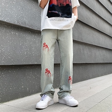 美式复古水洗牛仔裤ins刺绣宽松男夏季学生百搭拖地裤N02111-P40，男装牛仔裤，星座308B-1