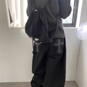 美式高街辣妹十字架豹纹牛仔裤子女街头设计感钻石点缀拖地阔腿裤图片