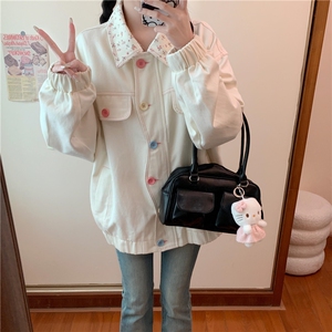 粉色小碎花牛仔外套女春秋季新款设计感撞色翻领夹克上衣C840-P98图片