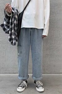 现货牛仔裤男新款韩版宽松潮流港风直筒九分休闲裤子P35图片