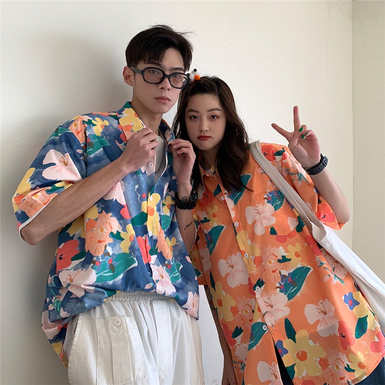 旅游短袖衬衫夏季宽松情侣装外套潮流ins港风休闲沙滩花衬衫女,女装衬衫,电商C306-1