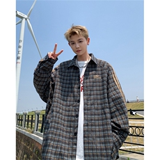 新款潮牌格子衬衫外套男美式复古宽松长袖衬衣C02591-P65，男装衬衫，星座308B-2