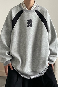 港风 24新款春季时尚百搭套圆领印花拼色插肩袖卫衣B802 P55控78图片