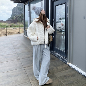 韩版宽松菱格压线连帽棉服外套女2025秋冬新款百搭小个子棉上衣图片