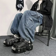 美式ins嘻哈垂感束脚工装裤直筒宽松多口袋牛仔裤男女潮N4836-P52，男装牛仔裤，星座1008-1