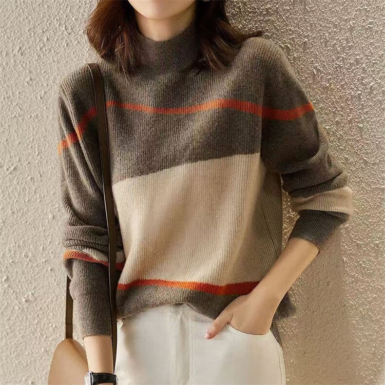 2025年秋季时尚百搭通勤简约休闲拼色半高，女装针织衫/毛衣，萱芳婷羊绒