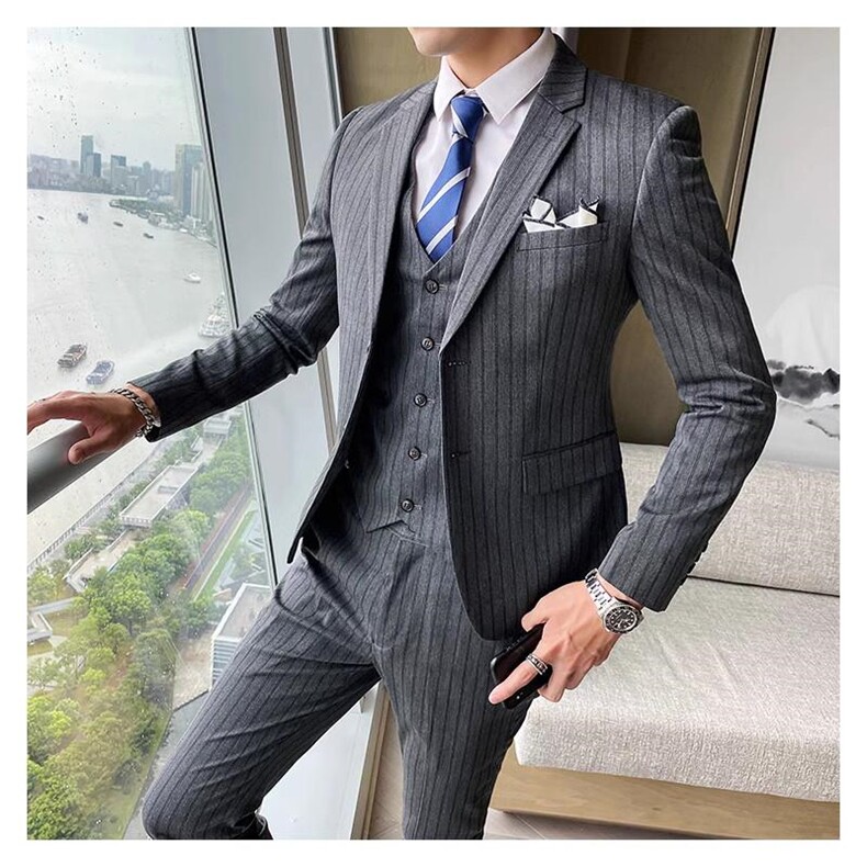条纹男装西服套装三件套修身商务礼服W2032-P260,男装西服套装,星座1012