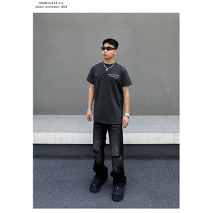 黑色个性剪裁破洞牛仔裤男款复古潮流猫须宽松直筒堆积感休闲长裤图片