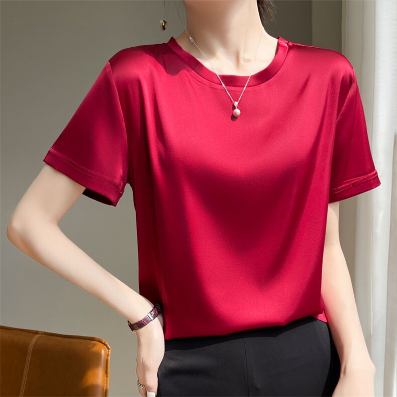 夏季醋酸短袖T恤女夏圆领简约半袖白色冰丝打底缎面内搭上衣，女装T恤，羊特美羊绒