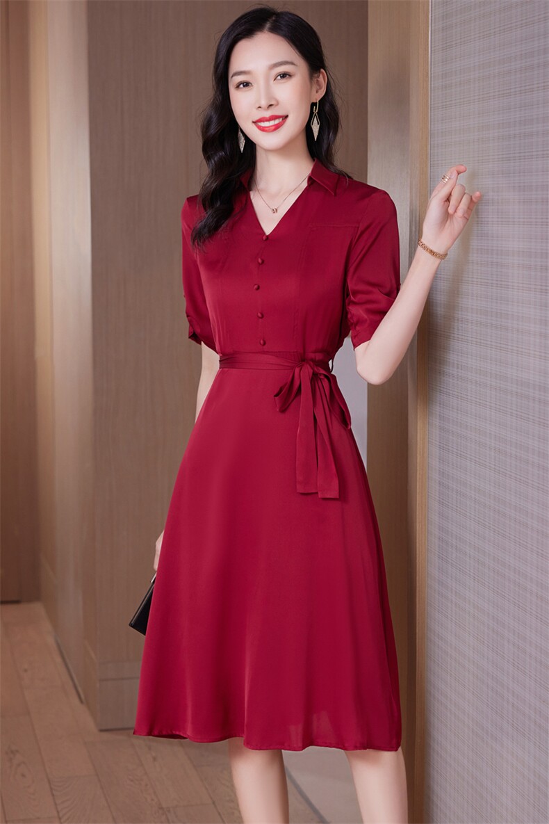红色重磅真丝连衣裙女夏2025新款收腰显瘦高端缎面中长桑蚕丝裙子,女装连衣裙,阿舍尔精品
