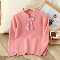 女童秋款可爱盘扣流苏羊毛衫气质甜美长袖针织上衣，童装儿童羊毛衫，冰晶童装
