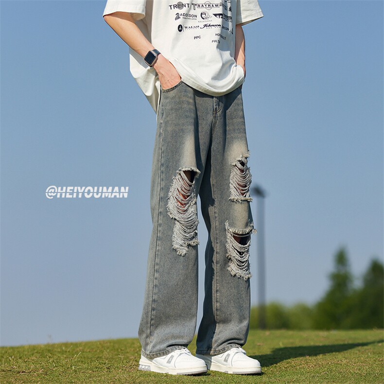 美式高街潮流vibe宽松休闲百搭破洞直筒牛仔裤K547TP45控68图片