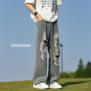美式高街潮流vibe宽松休闲百搭破洞直筒牛仔裤K547TP45控68图片