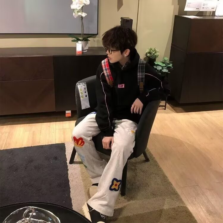 花卉刺绣弯刀卫裤男秋冬美式重磅休闲运动裤子cleanfit微喇直筒裤,男装休闲裤,四季星座505