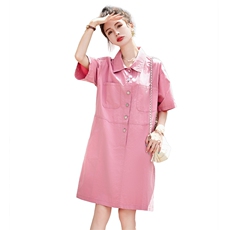 粉色休闲polo连衣裙2025新款女夏季小个子高级感宽松气质衬衫裙，女装牛仔裙，凯瑟曼