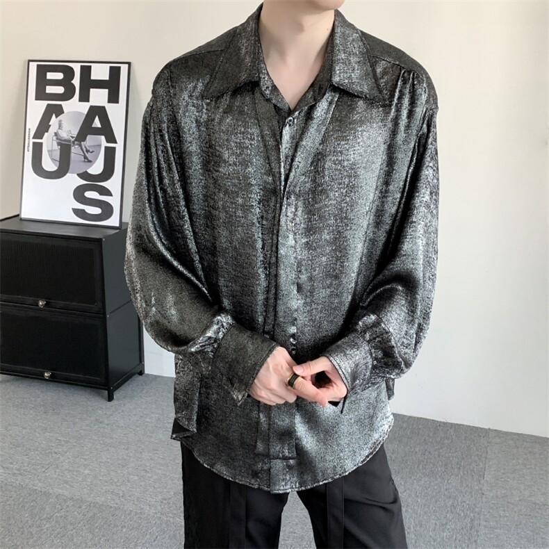 小众高级感明星同款宽松贵气闪银衬衫男大码秋季休闲领带搭配衬衣,男装衬衫,星座909