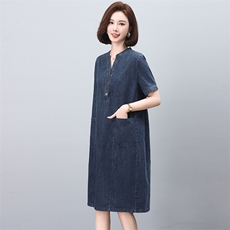复古薄款短袖牛仔连衣裙女2025夏季新款宽松显瘦遮肉休闲直筒裙子，女装连衣裙，文熹诺