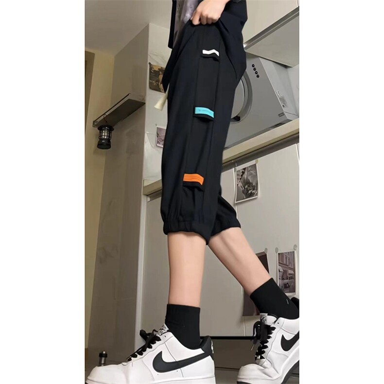 抖音品质）夏季高街宽松束脚华夫格七分运动裤货号QF25,女装休闲裤,电商A063