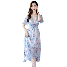 碎花连衣裙2021年夏季V领时尚气质中长款百搭韩版优雅两件套，女装套装/套裙，瑶迪依秀