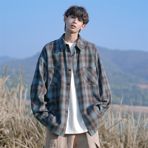 港风百搭格子翻领长袖衬衫外套男日系复古宽松C5453-特P30控58,男装衬衫,电商A001-1