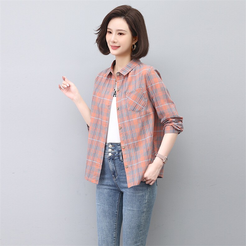 纯棉格子衬衣女款2025新款春秋中老年女士衬衫妈妈长袖上衣,女装衬衫,独衣靓