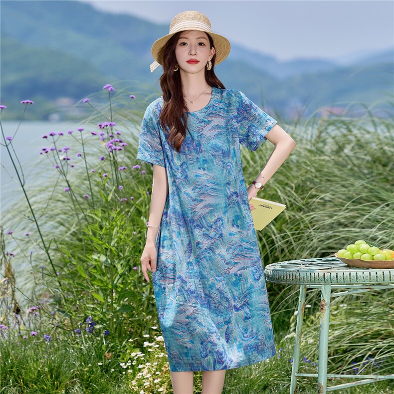时尚印花圆领棉麻连衣裙女2026夏薄款舒适小个子休闲宽松显瘦裙子,女装连衣裙,倪叶myz