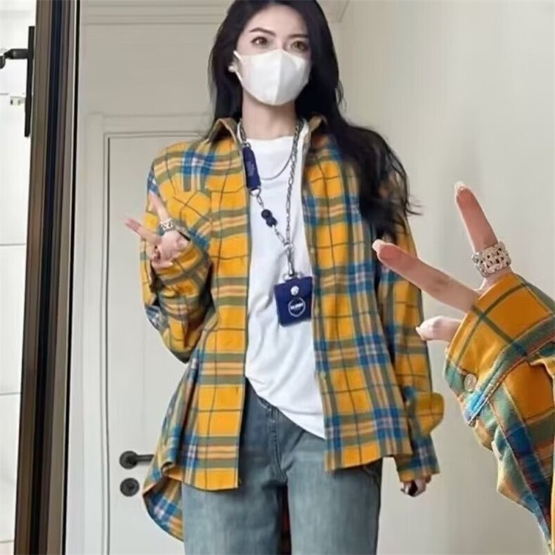 美式潮牌复古黄色格子衬衫男女款秋季2025新款设计感小众长袖衬衣,男装衬衫,星座1210-1