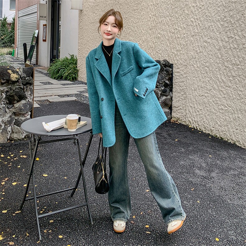 高级感超好看蓝色短款西装领毛呢外套女秋冬2024新款加厚呢子大衣,女装毛呢外套,2C262