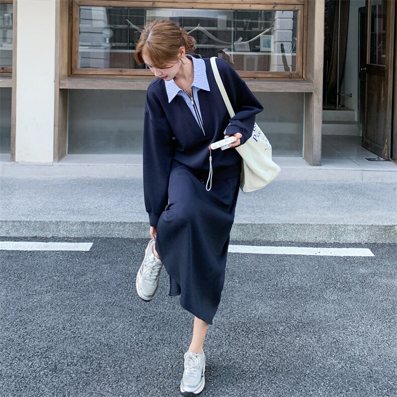 藏青色休闲条纹拼接卫衣套装女2025年春秋季新款显瘦半身裙两件套,女装套装/套裙,2C105